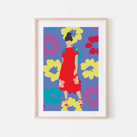 A stylish digital wall art print featuring a fashionable woman in a bold red dress with floral accents, standing against a vibrant background of oversized, colorful flowers. The modern, high-contrast design adds a chic and artistic touch, making it perfect for fashion-inspired décor, contemporary interiors, and creative spaces.