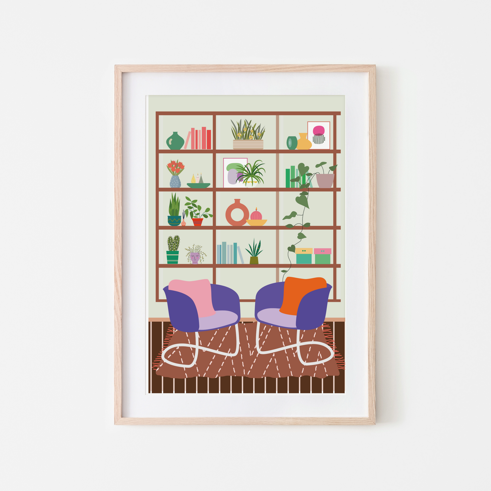 Cosy reading nook wall art print featuring a stylish bookshelf filled with plants, books, and décor, with two modern purple chairs on a patterned rug. Perfect for home, office, or library décor.