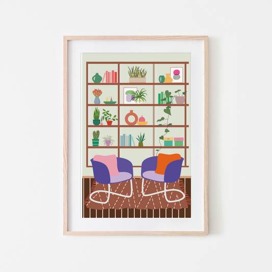 Cosy reading nook wall art print featuring a stylish bookshelf filled with plants, books, and décor, with two modern purple chairs on a patterned rug. Perfect for home, office, or library décor.
