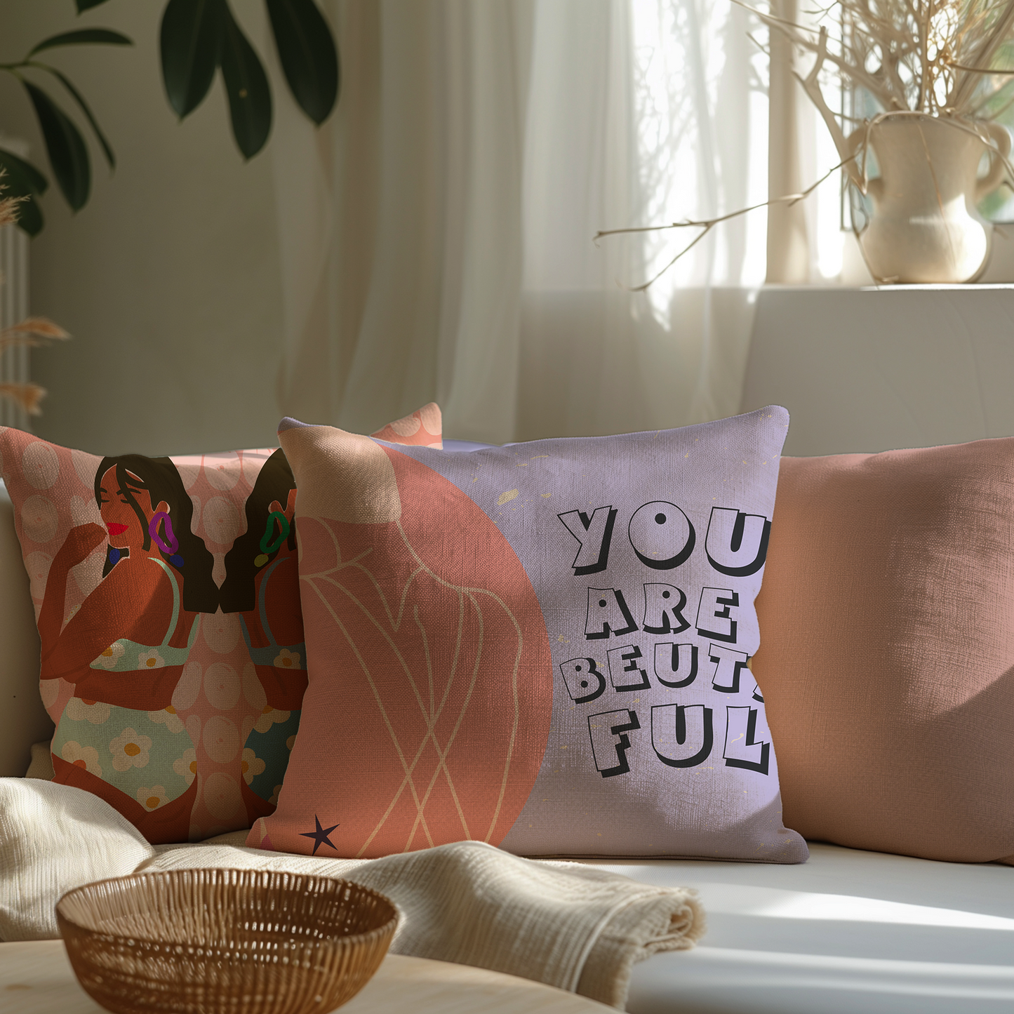 Decorative pillows on a couch with a 'You Are Beautiful' pillow.