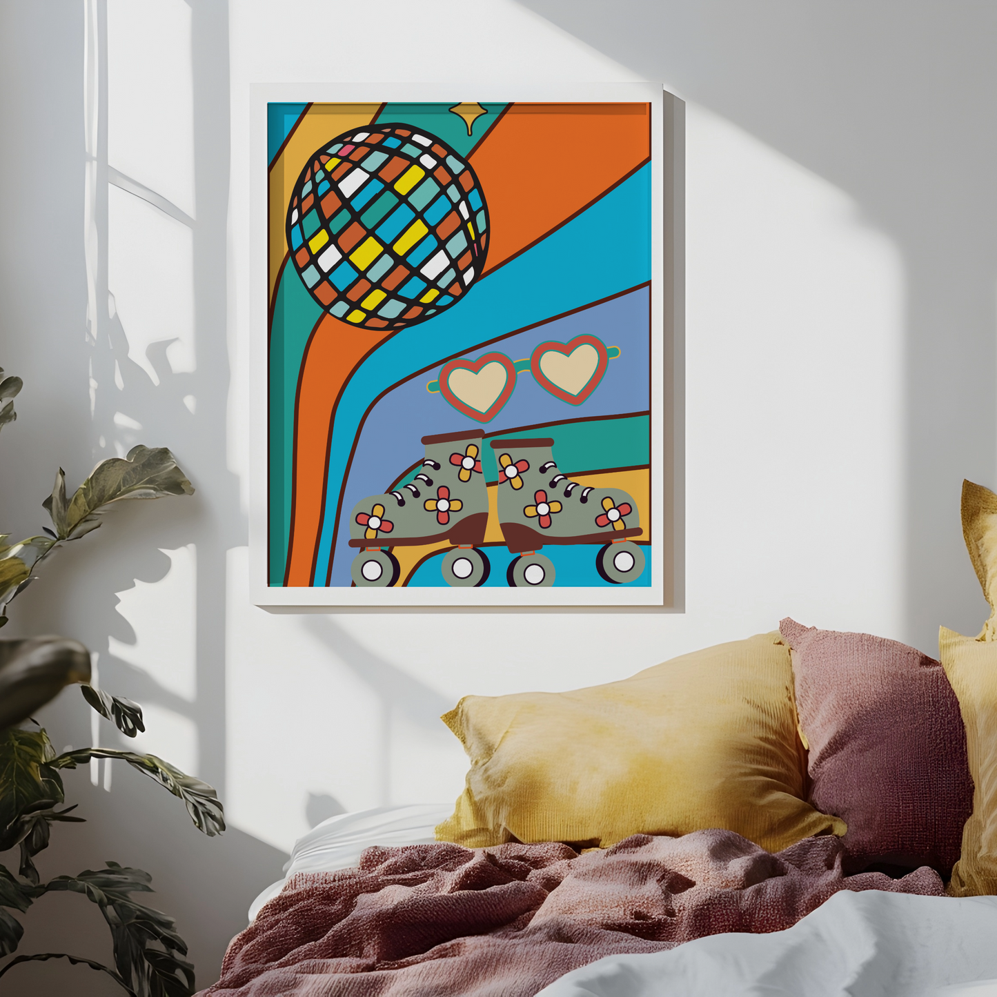 Colorful abstract art print on a wall above a bed with pillows.