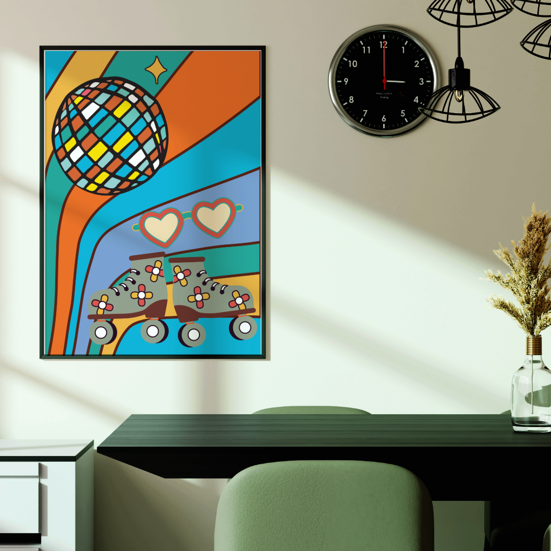 Colorful abstract painting on a wall above a table with chairs.