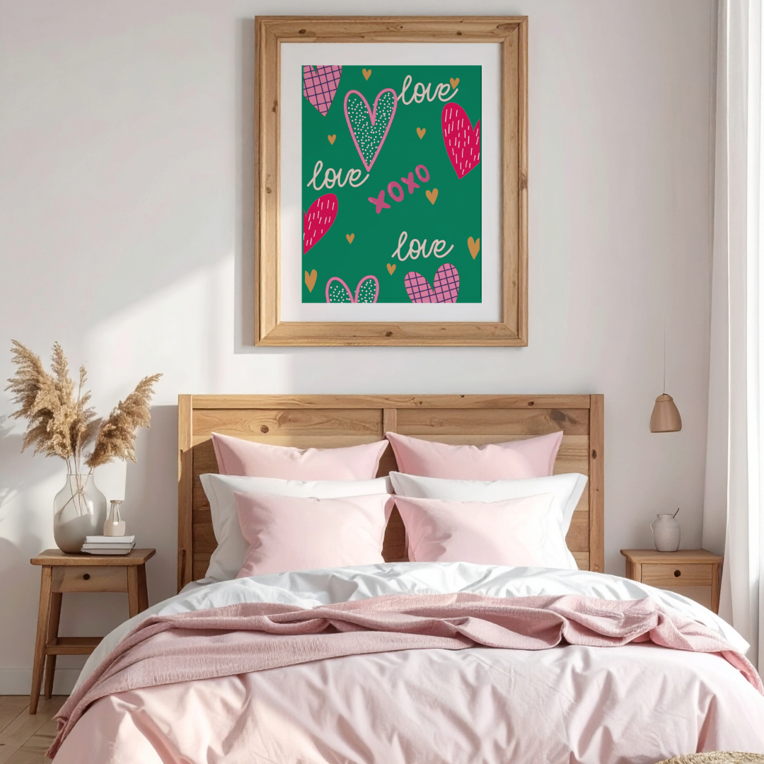Bedroom with a wooden headboard, pink bedding, and a framed 'love' poster on the wall.