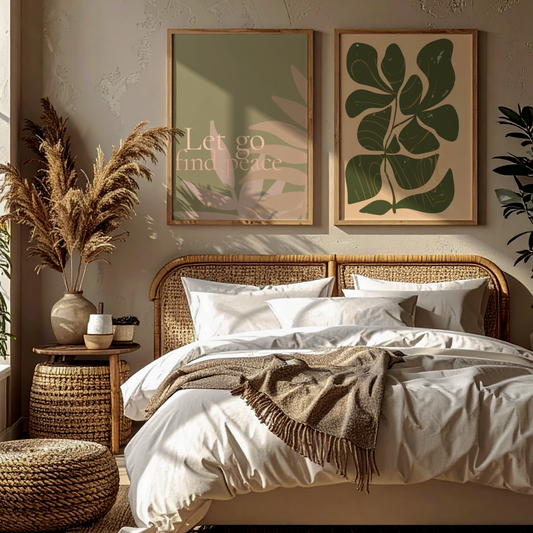 Cozy bedroom with a bed, bedside table, and wall art featuring plants.
