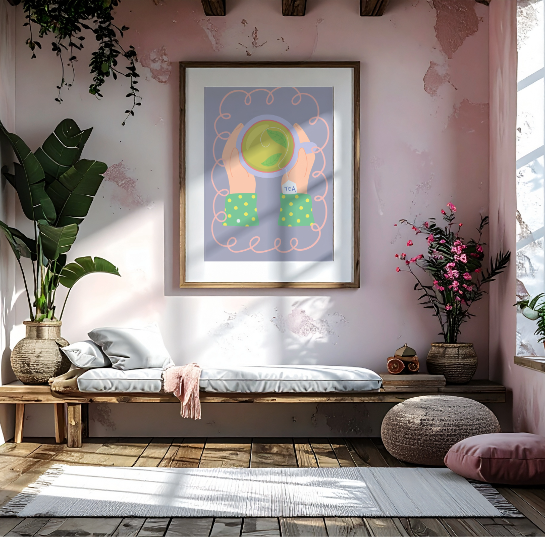 Modern interior with a bench, plants, and a colorful wall art piece.