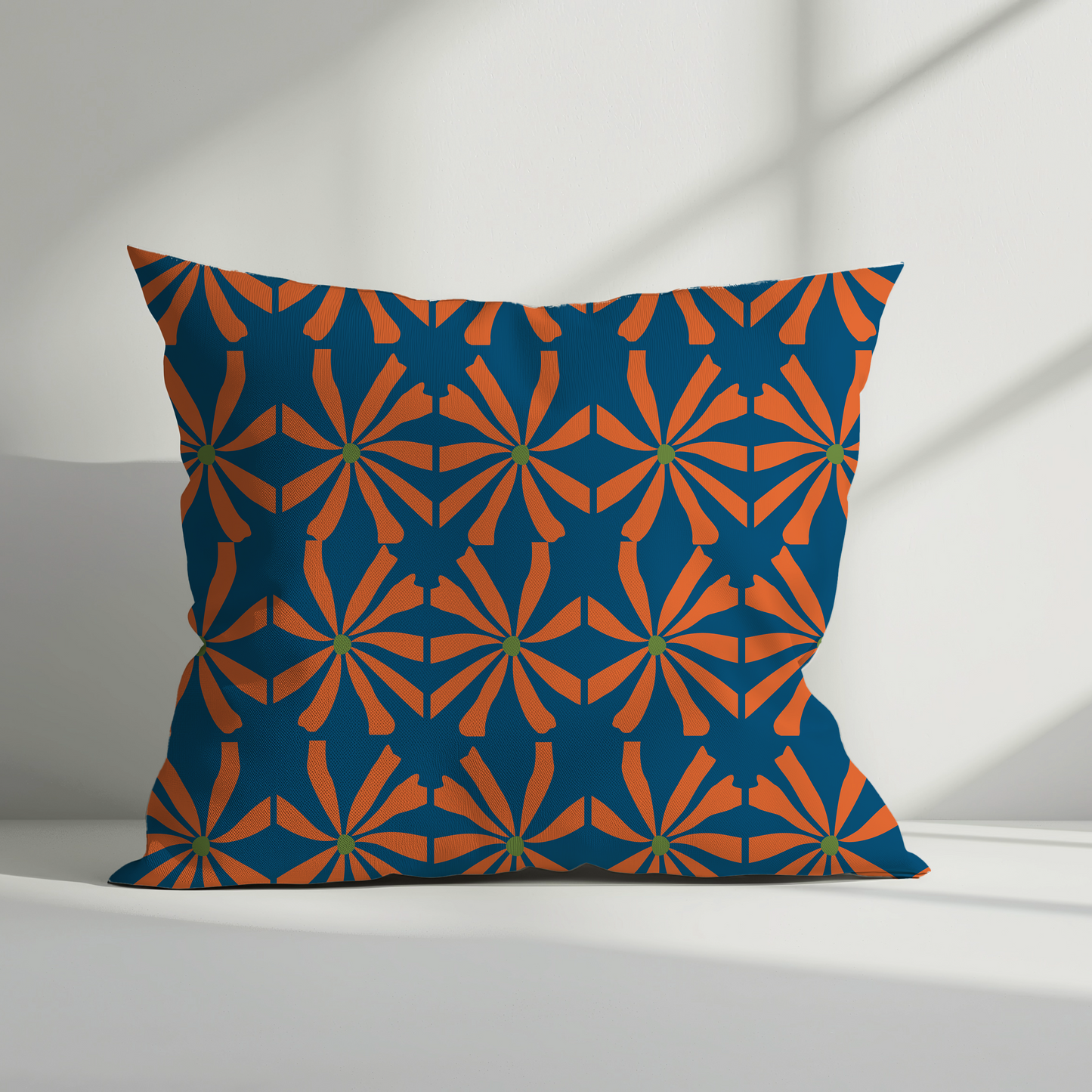 Navy Blue and Orange Floral Geometric Cushion Cover