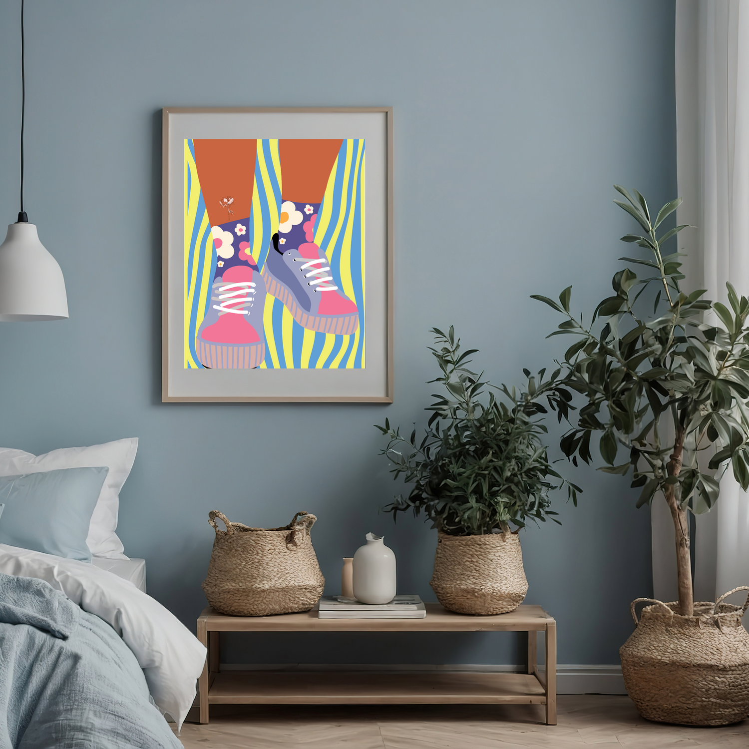 Decorative colourful sneaker poster on a wall with plants and a bench in a bedroom.