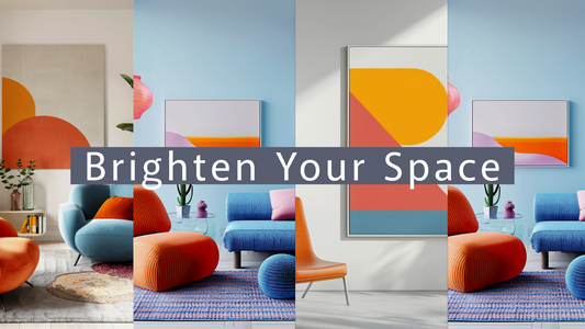 Vibrant and modern home interiors featuring bold, colorful wall art prints with geometric designs. The text 'Brighten Your Space' overlays the collage, showcasing stylish décor ideas.