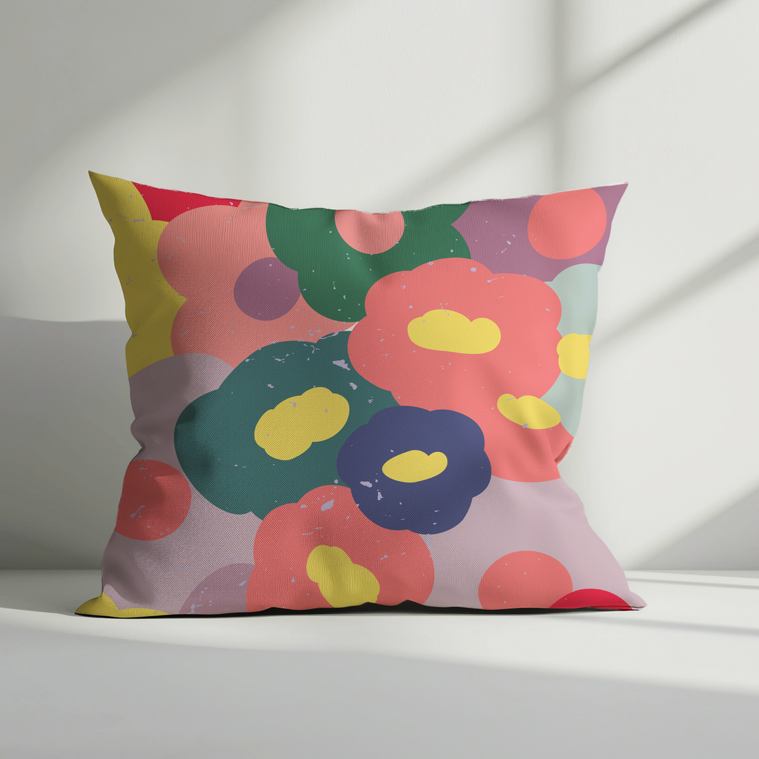 Flower Pop cushion cover with bold oversized floral print in coral, teal, navy and yellow on a lilac background