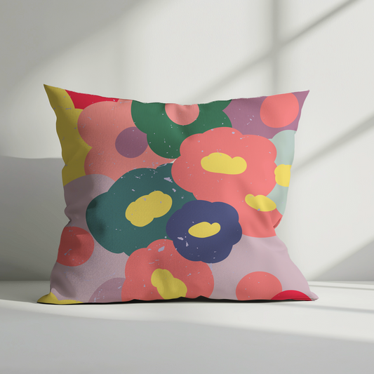 Flower Pop cushion cover with bold oversized floral print in coral, teal, navy and yellow on a lilac background