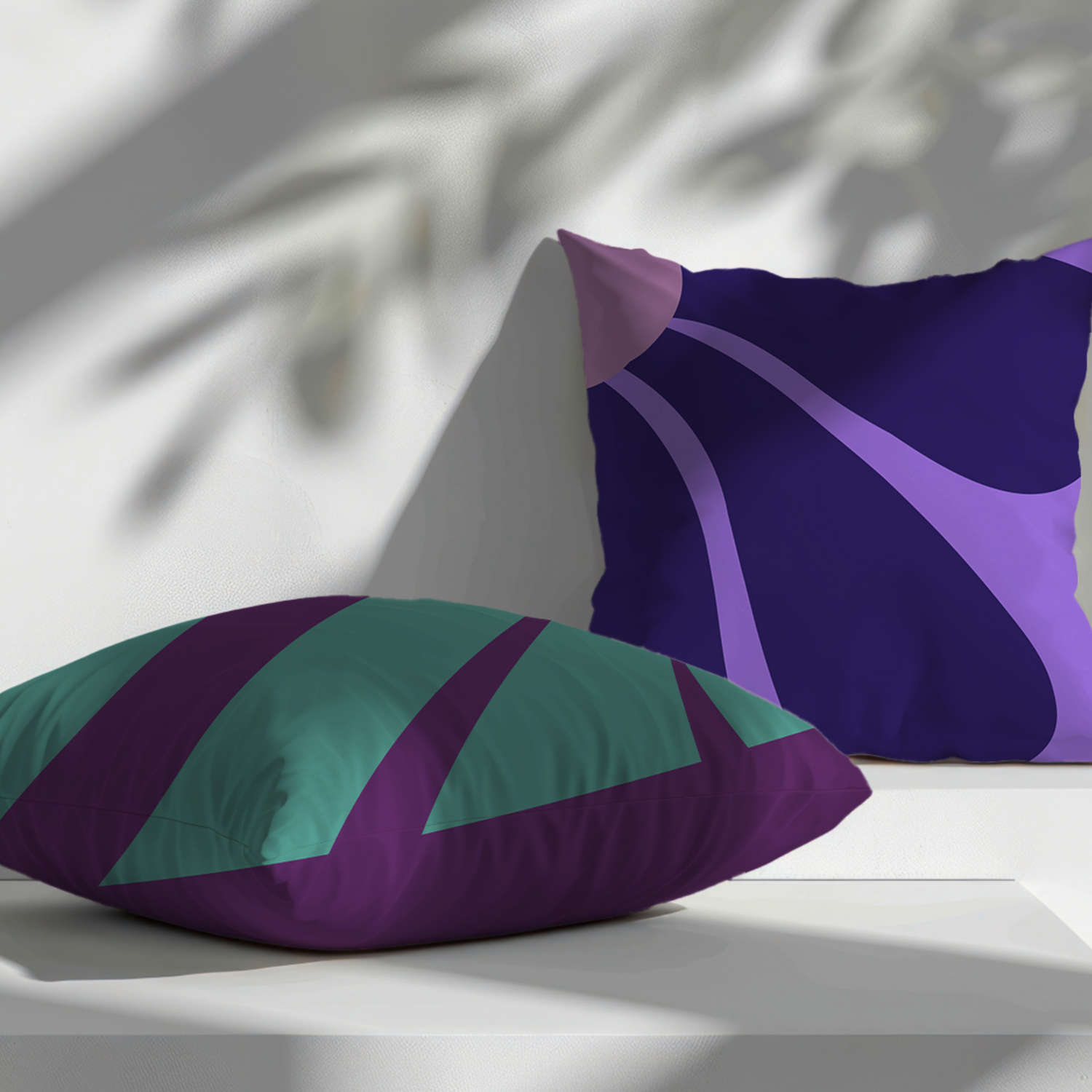 Purple floral abstract cushion covers styled in natural light.