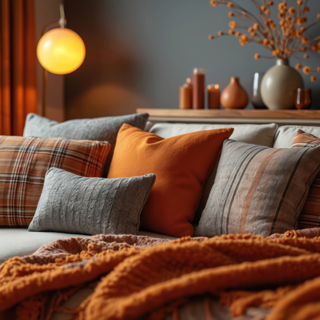 Cozy living room with a sofa adorned with colorful pillows and a blanket, featuring warm lighting and decorative elements.