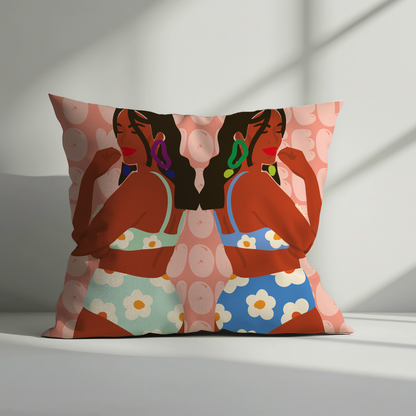 Decorative cushion cover with artistic mirrored illustration of two women in colourful floral swimwear against a peach background with circular patterns, perfect for modern boho home décor.
