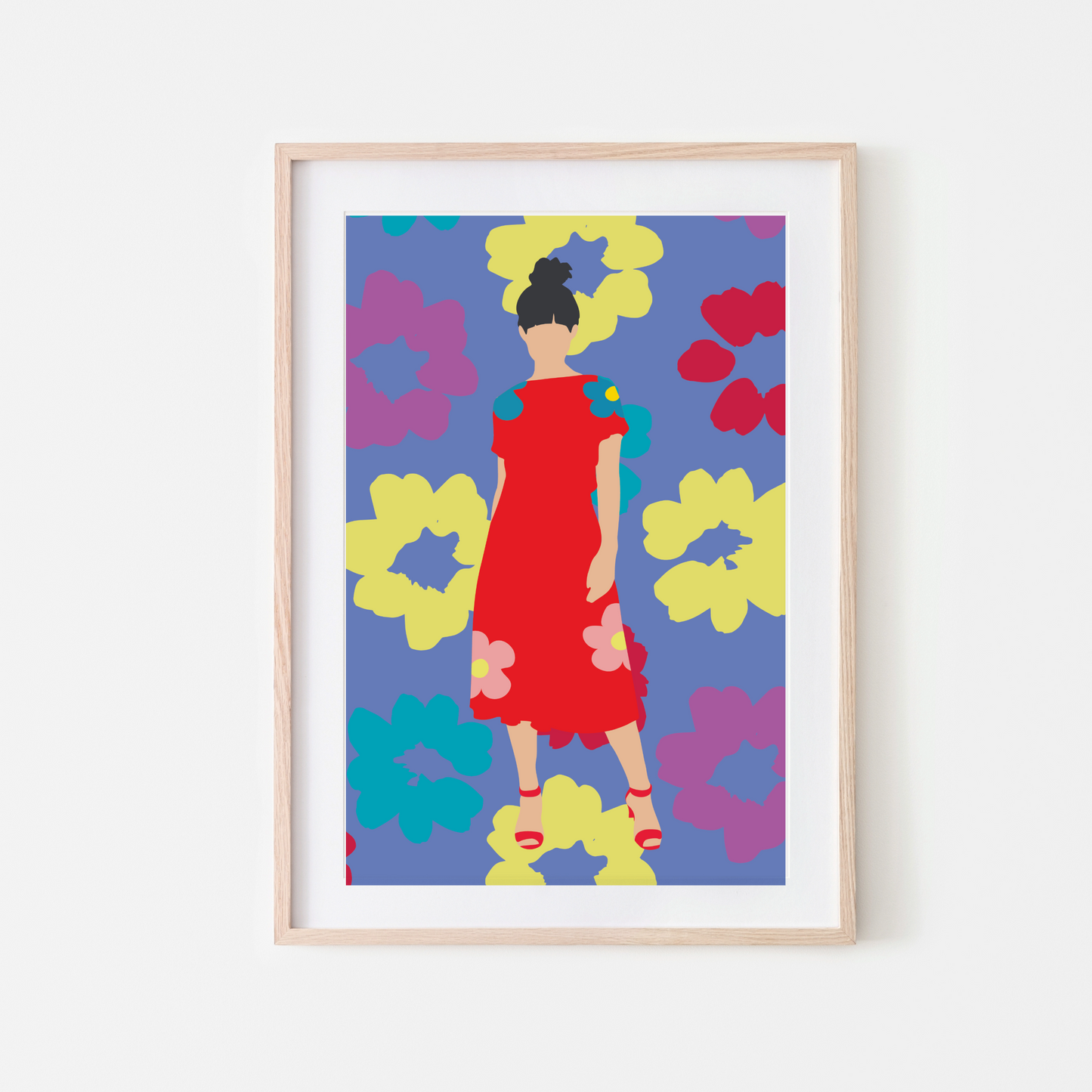A stylish digital wall art print featuring a fashionable woman in a bold red dress with floral accents, standing against a vibrant background of oversized, colorful flowers. The modern, high-contrast design adds a chic and artistic touch, making it perfect for fashion-inspired décor, contemporary interiors, and creative spaces.