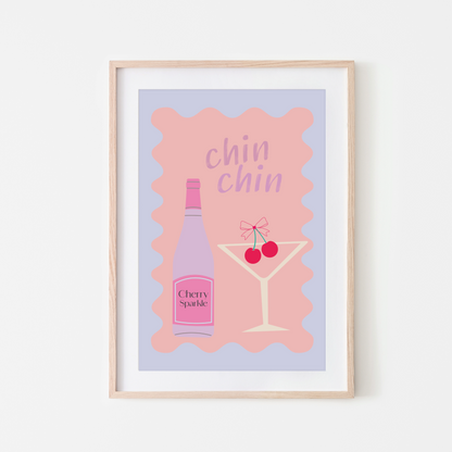 A framed wall art print with a pink background featuring a cherry cocktail and the text 'chin chin'.