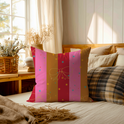 Decorative pillow with colorful stripes on a bed in a bright bedroom.