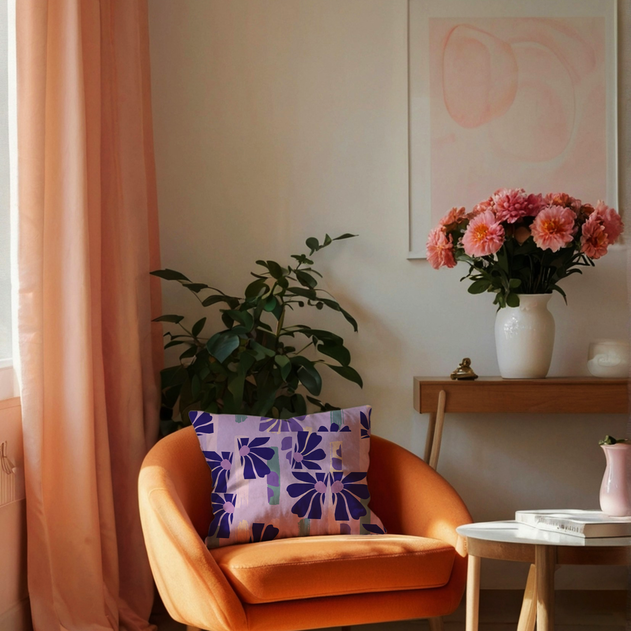 Floral lilac and navy cushion cover on orange chair – modern decorative throw pillow by Pillows and Patterns