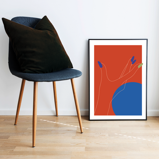 "Bold Touch" Wall Art Print – Female Hand with Long Nails on Orange & Blue Background