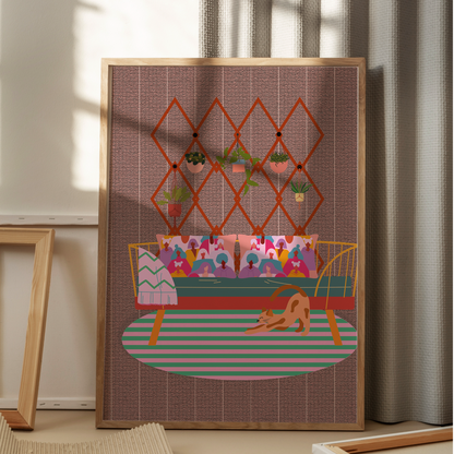 Serene Haven Wall Art Print – Rattan Sofa, Cat & Plants