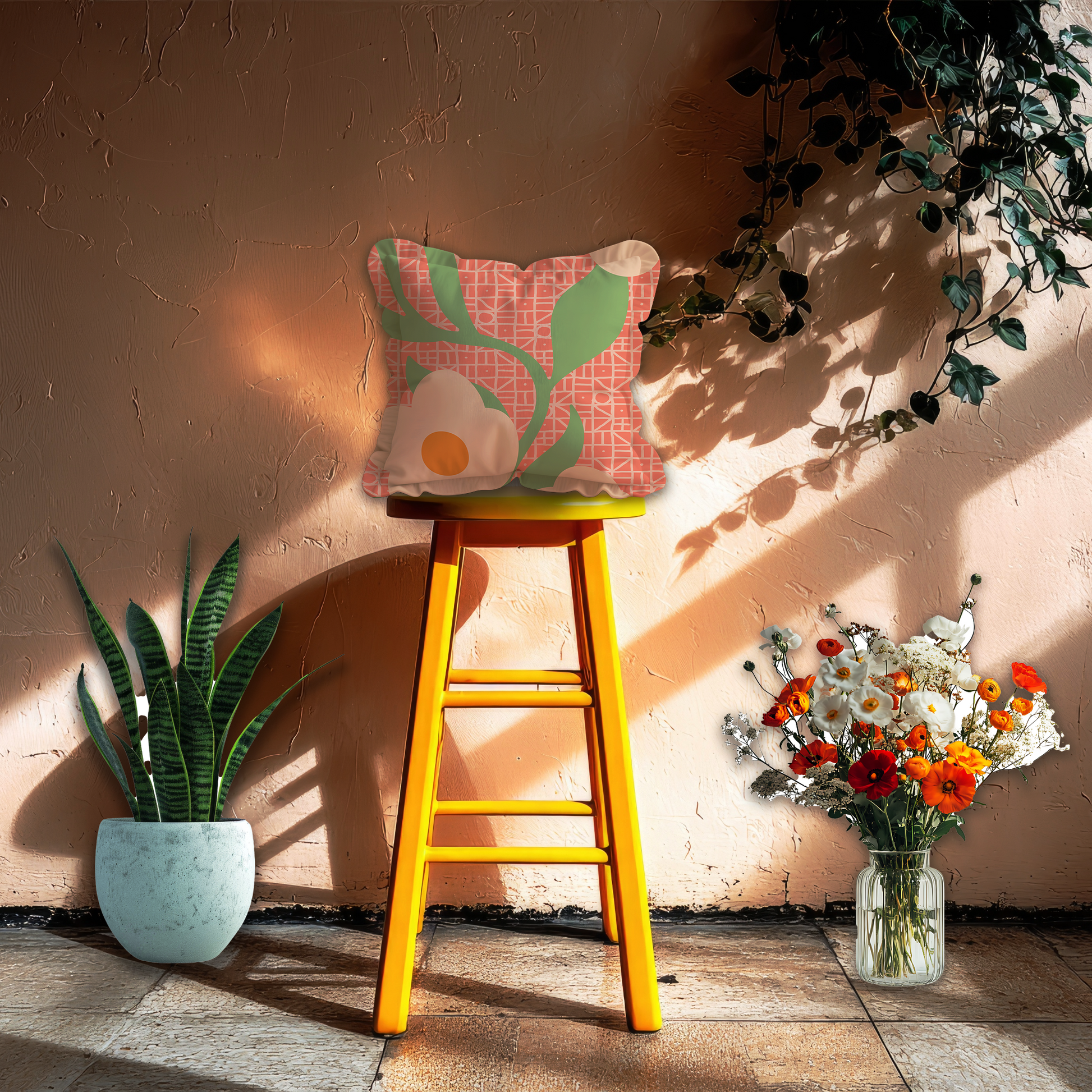 Decorative pillow on a yellow stool with plants and flowers in the background