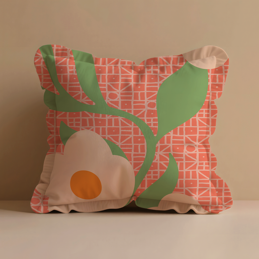 Decorative pillow with a peach design on a beige background