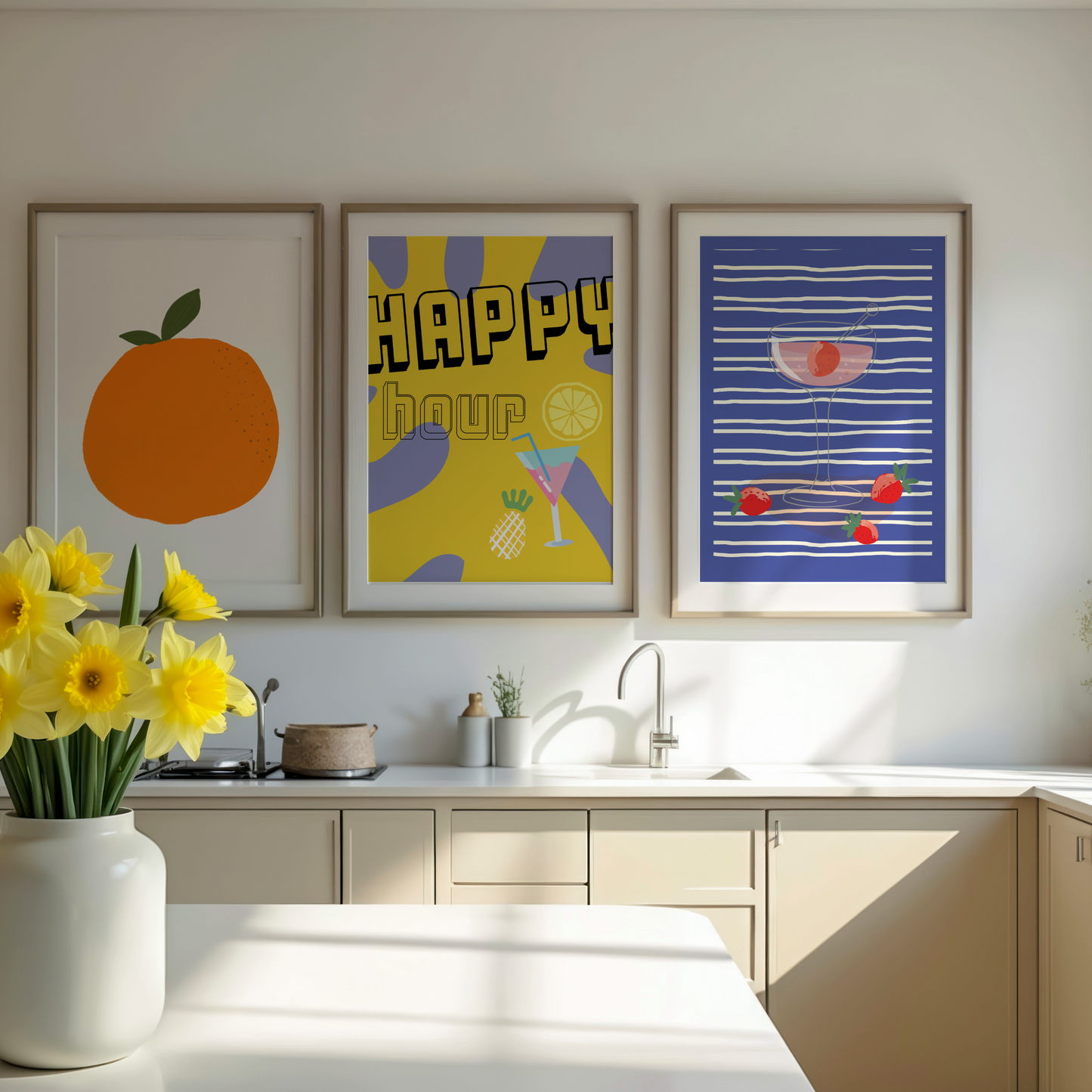 Modern kitchen with colorful framed art on the wall