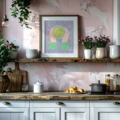 Kitchen counter with wooden shelves, plants, and a textured wall.
