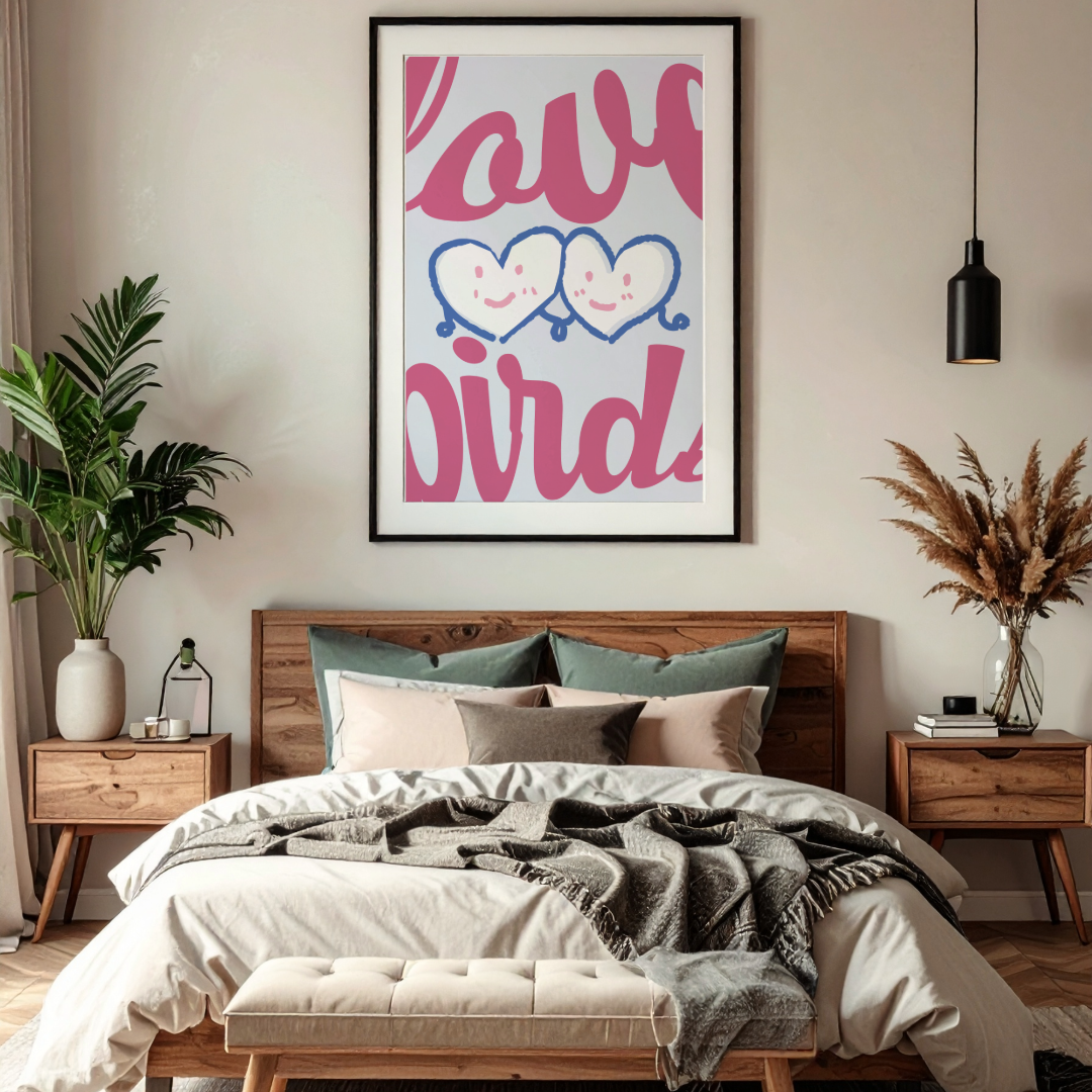 Bedroom with wooden headboard, pillows, and a framed artwork on the wall.