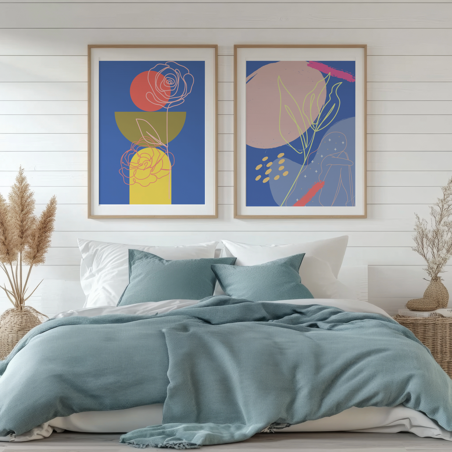 Blue Abstract Floral Duo – Wall Art Print Set of 2