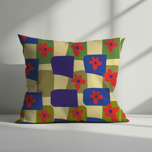 Decorative pillow with geometric floral pattern on a plain background