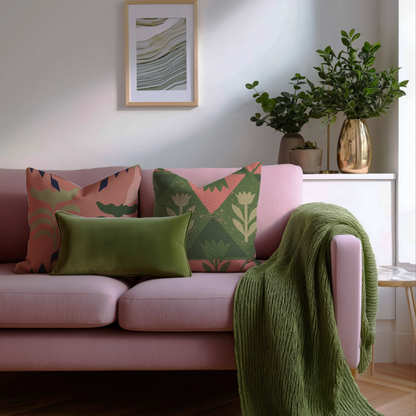 A styled living room scene featuring a pink sofa with three decorative throw pillows in green, terracotta, and olive, a textured green knit throw blanket draped over the arm, and potted plants on a white sideboard in the background.