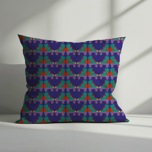 Decorative pillow with a colourful geometric roller skate pattern on a plain background