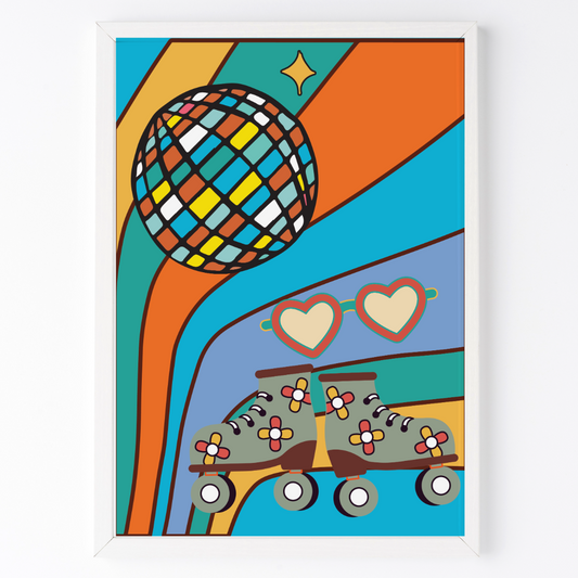 Colorful abstract art print with roller skates, heart sunglasses, and a patterned ball.