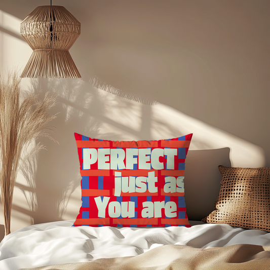 Perfect Just As You Are” Bold Red Velvet Decorative Cushion Cover | Modern Inspirational Throw Pillow for Home Décor