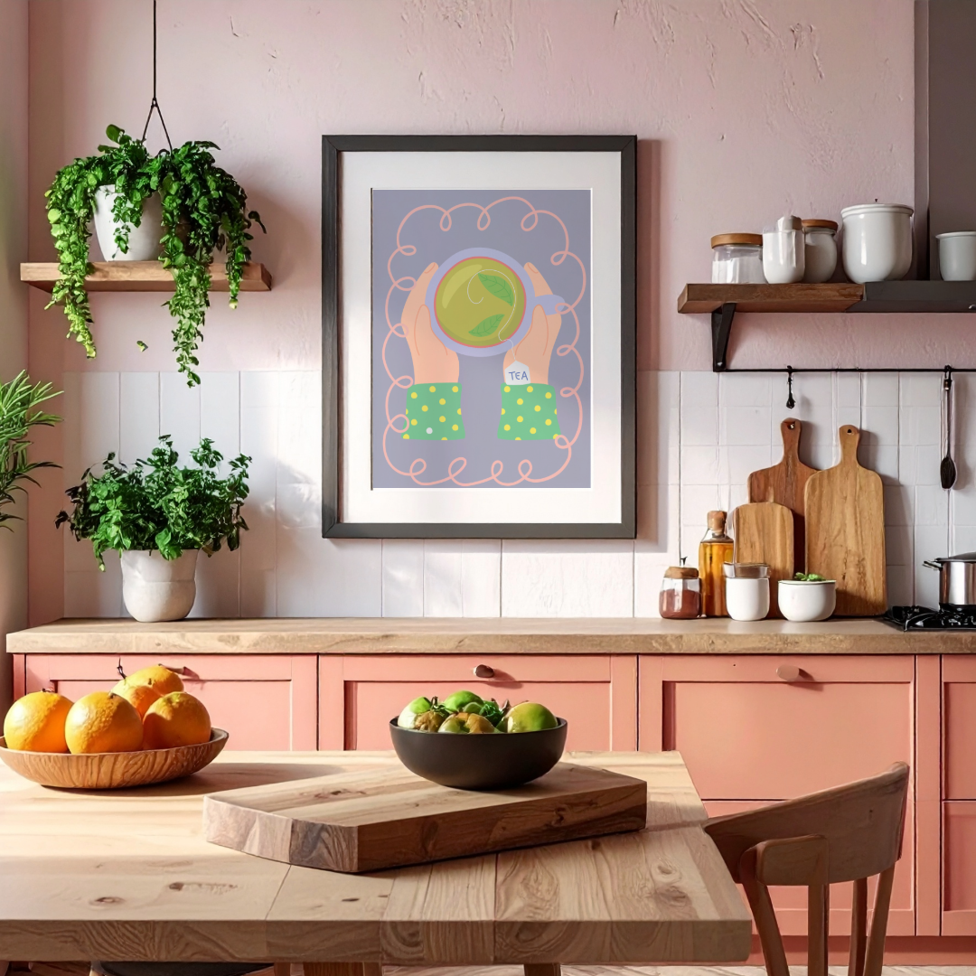 Kitchen interior with pink walls, wooden furniture, and a colorful framed picture.