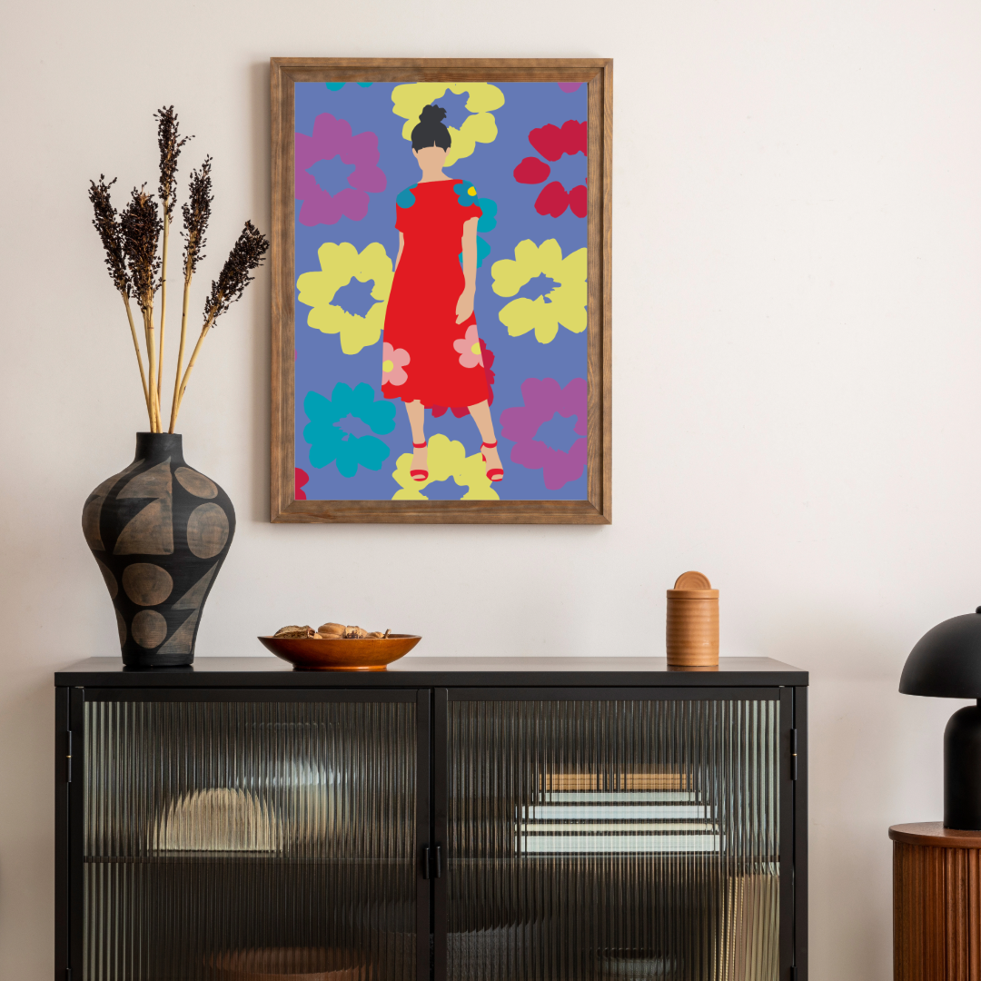 A stylish digital wall art print featuring a fashionable woman in a bold red dress with floral accents, standing against a vibrant background of oversized, colorful flowers. The modern, high-contrast design adds a chic and artistic touch, making it perfect for fashion-inspired décor, contemporary interiors, and creative spaces.