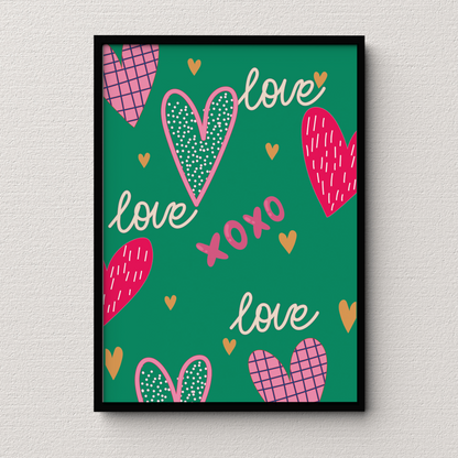Love & XOXO Heart Wall Art Print on Matte Paper