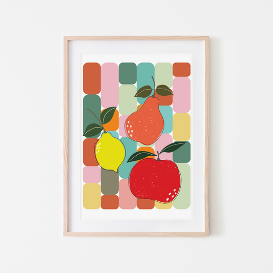 Retro Fruit Wall Art Print – Colourful Geometric Kitchen Décor