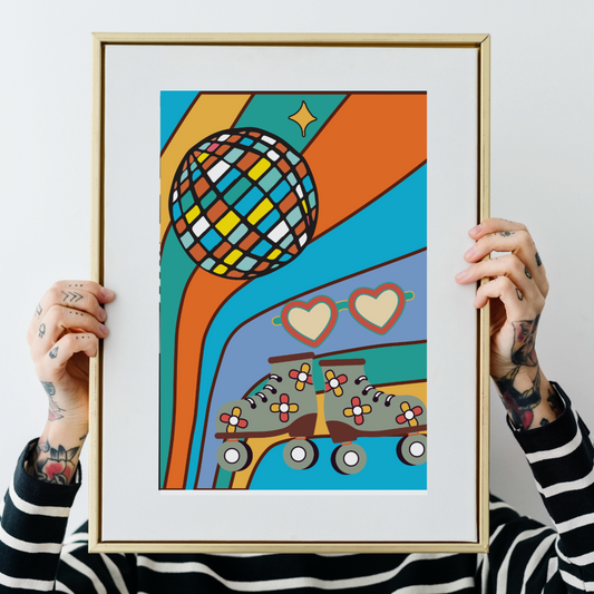 Person holding a colorful abstract art print with a globe and hearts.