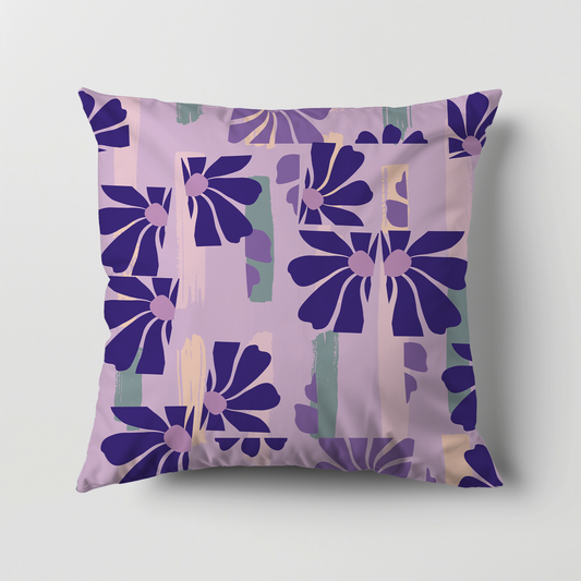 Abstract floral cushion cover in navy and lilac with pastel brush strokes – summer home décor.