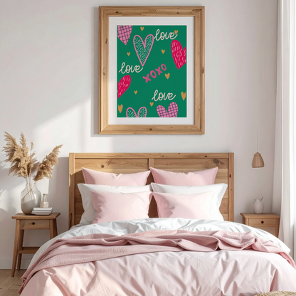 Bedroom with a wooden headboard, pink bedding, and a framed 'love' poster on the wall.