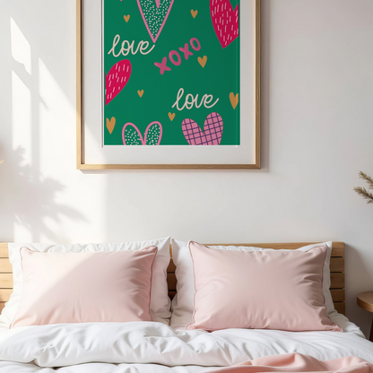 Bedroom with pink pillows, white bedding, and a framed artwork with hearts and 'love' text on the wall.