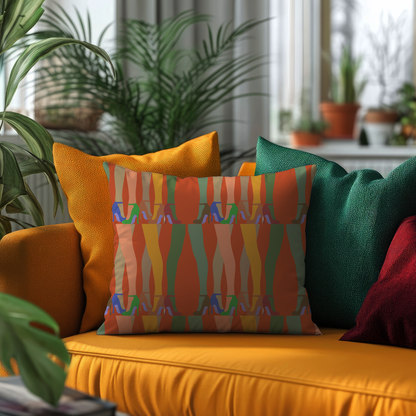 Decorative cushion cover featuring a bold leg and high heel print in vibrant colors on rich velvet fabric on a mustard yellow sofa in a plant decorated sunroom