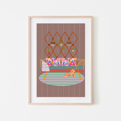 Serene Haven Wall Art Print – Rattan Sofa, Cat & Plants