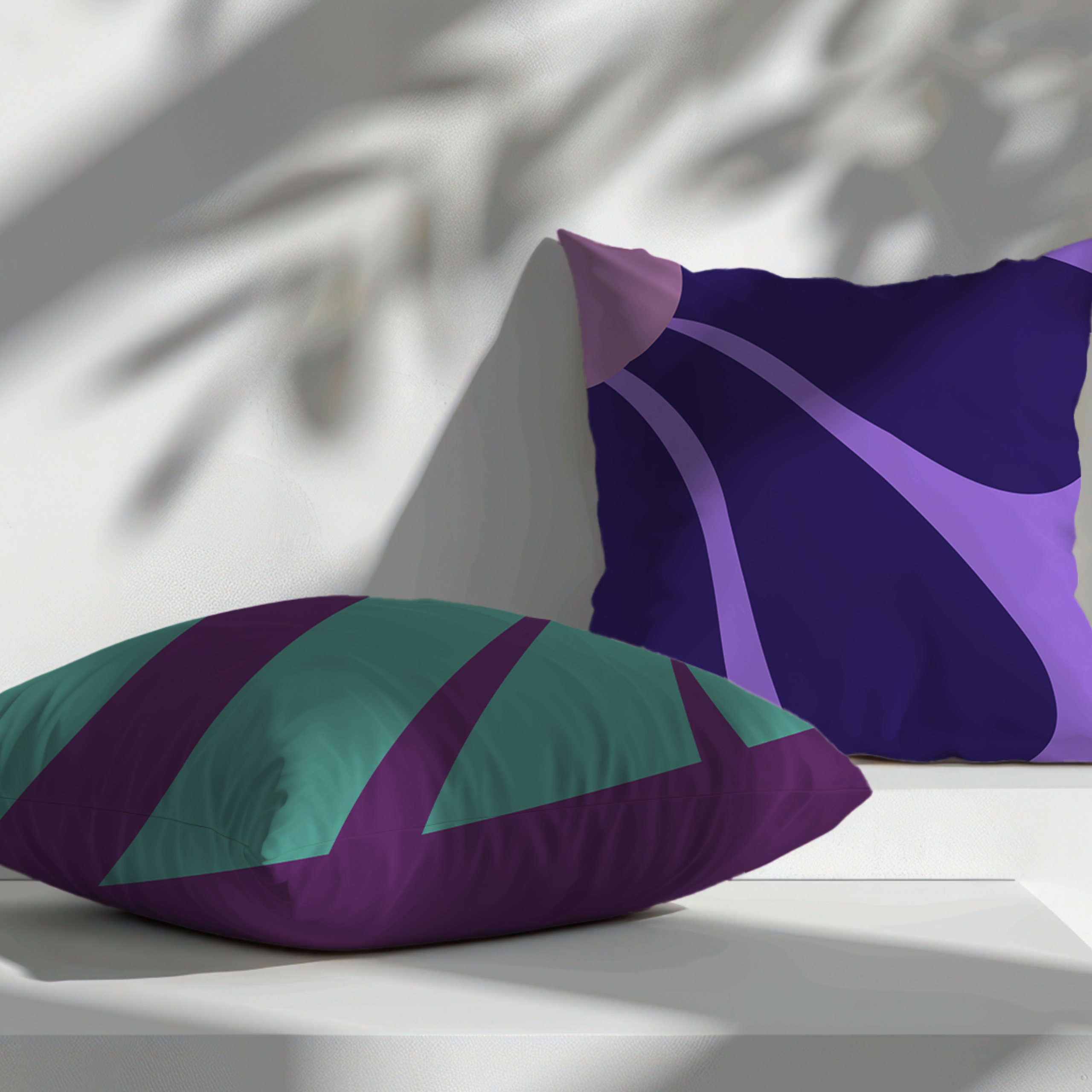 Retro floral cushion cover with turquoise background, purple flower petals, and a lilac center styled in natural light.
