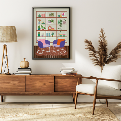 Modern living room with wooden sideboard, white sofa, and decorative wall art.