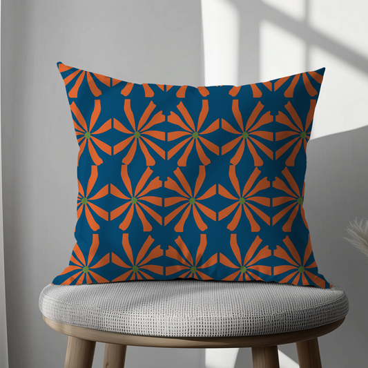 Navy Blue and Orange Floral Geometric Cushion Cover