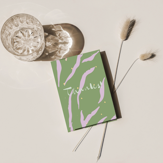 Eco-friendly abstract thank you card in green and lavender colors