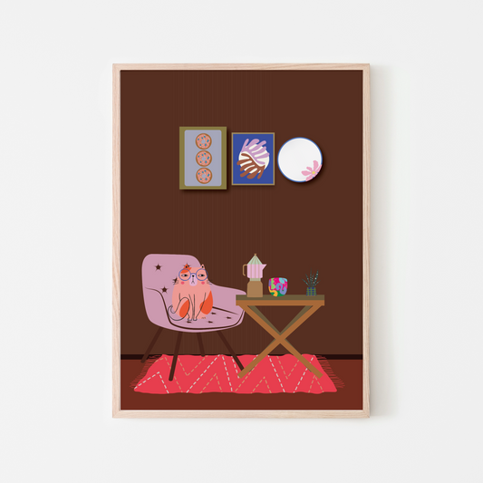 Minimalist coffee and cat illustration for kitchen wall