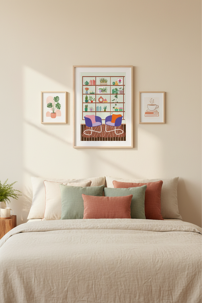 Cosy Reading Nook Wall Art Print in a natural wood frame as part of a gallery wall above a linen bed in a modern-boho bedroom.